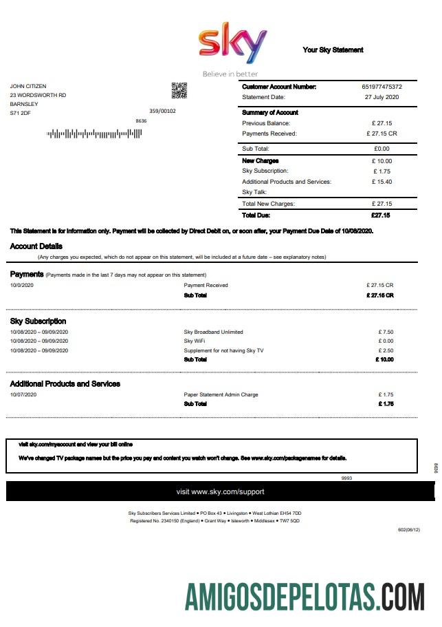 Em branco modelo de declaração de conta de serviços públicos Sky do Reino Unido em formato Word e PDF